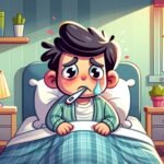 A cartoon of a child awake in bed at night, looking uncomfortable