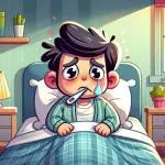A cartoon of a child awake in bed at night, looking uncomfortable