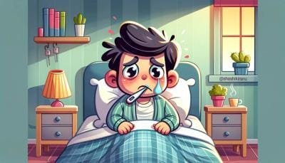 A cartoon of a child awake in bed at night, looking uncomfortable