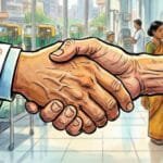 A close-up image of a doctor in a white coat shaking hands with an older patient, symbolizing trust and compassion in the doctor-patient relationship.