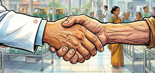 A close-up image of a doctor in a white coat shaking hands with an older patient, symbolizing trust and compassion in the doctor-patient relationship.