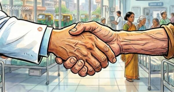 A close-up image of a doctor in a white coat shaking hands with an older patient, symbolizing trust and compassion in the doctor-patient relationship.