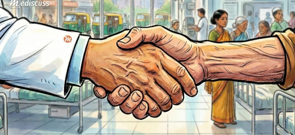 A close-up image of a doctor in a white coat shaking hands with an older patient, symbolizing trust and compassion in the doctor-patient relationship.