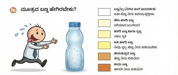 ಮೂತ್ರದ ಬಣ್ಣ ಹೇಗಿರಬೇಕು?" ಎಂಬ ಶೀರ್ಷಿಕೆಯಿರುವ ಆರೋಗ್ಯ ಜಾಗೃತಿ ಇನ್ಫೋಗ್ರಾಫಿಕ್ (Infographic). ಈ ಚಿತ್ರವು ಮೂತ್ರದ ಬಣ್ಣವನ್ನು ಆಧರಿಸಿ ವ್ಯಕ್ತಿಯ ಜಲಸಂಚಯನ (Hydration) ಮಟ್ಟವನ್ನು ತಿಳಿಸುತ್ತದೆ. ಎಡಭಾಗದಲ್ಲಿ ಬಾಯಾರಿದ ವ್ಯಕ್ತಿ ನೀರಿನ ಬಾಟಲಿಯತ್ತ ಓಡುತ್ತಿರುವ ಕಾರ್ಟೂನ್ ಇದೆ. ಬಲಬದಿಯಲ್ಲಿ ೬ ವಿವಿಧ ಬಣ್ಣಗಳ ಪಟ್ಟಿಯಿದ್ದು, ಪ್ರತಿಯೊಂದಕ್ಕೂ ವಿವರಣೆ ನೀಡಲಾಗಿದೆ.