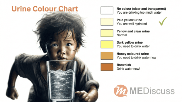 Infographic titled "Urine Colour Chart" featuring a child holding a glass of water next to a color gradient chart. Six colored boxes range from clear to brownish, with text labels indicating hydration status, from "drinking too much water" to "drink water now." A green checkmark indicates "pale yellow urine" as well hydrated.