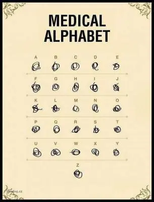 A printed chart headed Medical Alphabet, its letters written as a doctor's scrawl