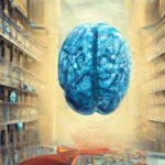A brain glowing at the end of a long library corridor lined with books