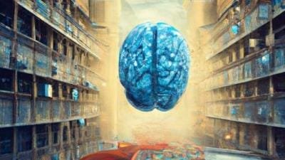 A brain glowing at the end of a long library corridor lined with books