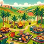 A spread of food laid out on a table in a coconut grove