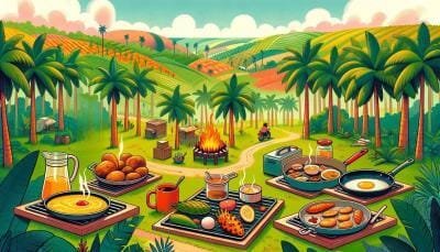 A spread of food laid out on a table in a coconut grove