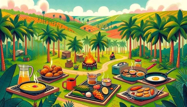 A spread of food laid out on a table in a coconut grove