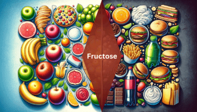 A wall of fruit and vegetables on one side and packaged foods on the other, divided by the word Fructose