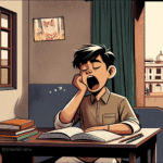 A man at his desk at night, yawning over his laptop