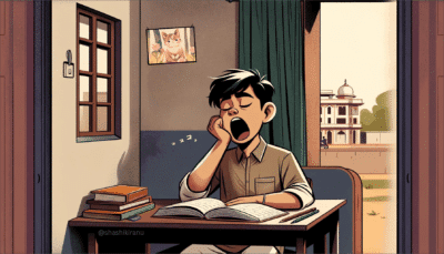 A man at his desk at night, yawning over his laptop
