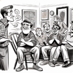 A cartoon of a man addressing a crowd, everyone in it talking at once