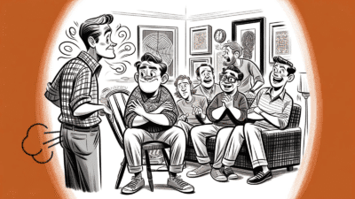 A cartoon of a man addressing a crowd, everyone in it talking at once