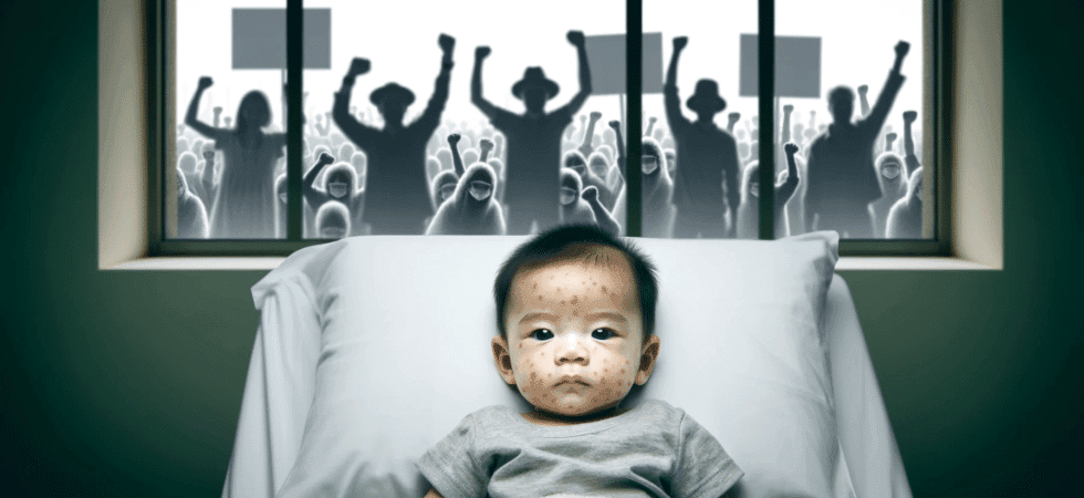 anti-vax protesters and a baby with measles