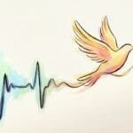 Artistic illustration of a green and blue ECG heartbeat line fading and transforming into a yellow bird flying away, symbolizing a peaceful death.