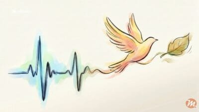 Artistic illustration of a green and blue ECG heartbeat line fading and transforming into a yellow bird flying away, symbolizing a peaceful death.