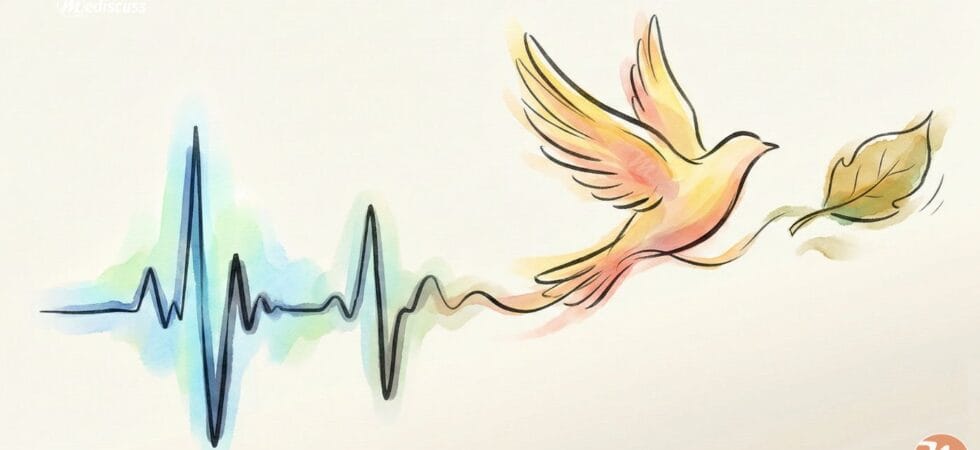Artistic illustration of a green and blue ECG heartbeat line fading and transforming into a yellow bird flying away, symbolizing a peaceful death.