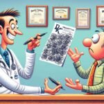 A cartoon doctor holding up a chest X-ray to an anxious patient in a consulting room