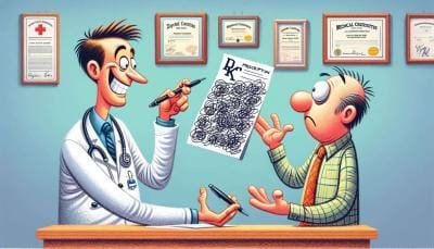 A cartoon doctor holding up a chest X-ray to an anxious patient in a consulting room