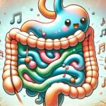 A cartoon of the stomach and intestines with musical notes rising from them
