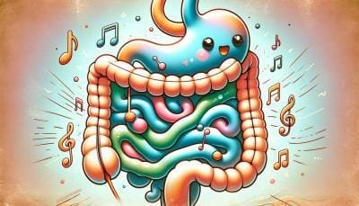 A cartoon of the stomach and intestines with musical notes rising from them