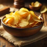 A wooden bowl of potato crisps on a table