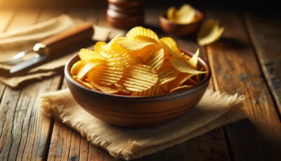 A wooden bowl of potato crisps on a table