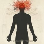 Medical illustration of the 'Modern Paradox': A human silhouette featuring a heavy, dark grey body representing physical inertia (Tamas) contrasted with a head filled with chaotic fiery red lines representing mental anxiety and hyperactivity (Rajas).