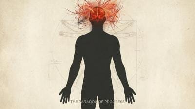Medical illustration of the 'Modern Paradox': A human silhouette featuring a heavy, dark grey body representing physical inertia (Tamas) contrasted with a head filled with chaotic fiery red lines representing mental anxiety and hyperactivity (Rajas).
