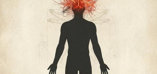 Medical illustration of the 'Modern Paradox': A human silhouette featuring a heavy, dark grey body representing physical inertia (Tamas) contrasted with a head filled with chaotic fiery red lines representing mental anxiety and hyperactivity (Rajas).