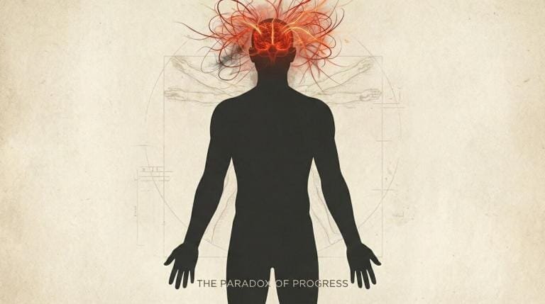 Medical illustration of the 'Modern Paradox': A human silhouette featuring a heavy, dark grey body representing physical inertia (Tamas) contrasted with a head filled with chaotic fiery red lines representing mental anxiety and hyperactivity (Rajas).