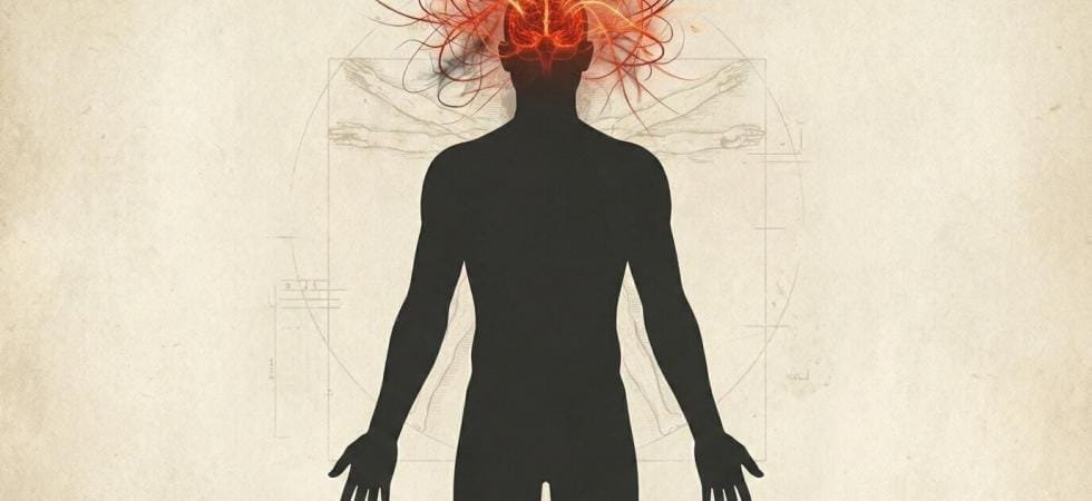 Medical illustration of the 'Modern Paradox': A human silhouette featuring a heavy, dark grey body representing physical inertia (Tamas) contrasted with a head filled with chaotic fiery red lines representing mental anxiety and hyperactivity (Rajas).