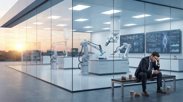 Conceptual illustration of the modern health paradox: A split landscape showing advanced medical technology and digital overload on one side, contrasting with a sedentary, stressed human figure on the other, symbolizing the disconnect between scientific progress and personal well-being.