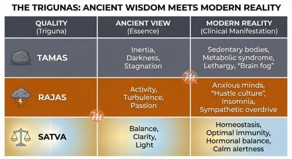 A comparative table titled 'Ancient Wisdom vs. Modern Reality' with the MEDiscuss logo watermarked. It categorizes health into three rows:
1. Tamas (Inertia): Correlated with 'Sedentary Lifestyle' and 'Metabolic Syndrome.'
2. Rajas (Turbulence): Correlated with 'Hustle Culture' and 'Chronic Anxiety.'
3. Satva (Balance): Correlated with 'Homeostasis' and 'Optimal Immunity.'
The table visualizes how spiritual concepts translate into modern medical diagnostics.