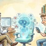 A watercolor cartoon illustration showing a doctor and a patient in a consulting room. A glowing, holographic AI robot sits in a central third chair between them, surrounded by floating medical data icons, while the patient looks down at his smartphone.