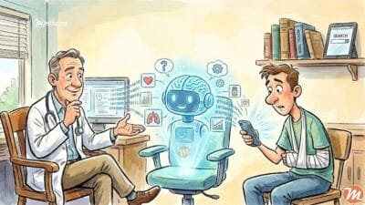 A watercolor cartoon illustration showing a doctor and a patient in a consulting room. A glowing, holographic AI robot sits in a central third chair between them, surrounded by floating medical data icons, while the patient looks down at his smartphone.