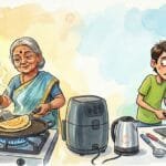 Cartoon illustration comparing traditional vs modern Indian kitchen habits. Left: An Indian grandmother happily cooking Dosa on a cast iron tawa using a gas stove. Right: A stressed young boy scratching a non-stick pan with a metal ladle, standing next to a microwave with a plastic container inside.