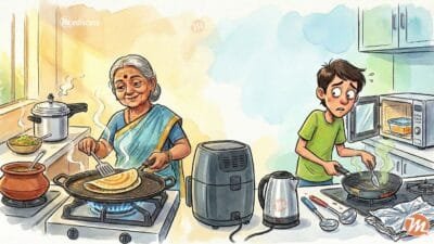 Cartoon illustration comparing traditional vs modern Indian kitchen habits. Left: An Indian grandmother happily cooking Dosa on a cast iron tawa using a gas stove. Right: A stressed young boy scratching a non-stick pan with a metal ladle, standing next to a microwave with a plastic container inside.