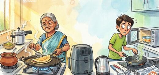 Cartoon illustration comparing traditional vs modern Indian kitchen habits. Left: An Indian grandmother happily cooking Dosa on a cast iron tawa using a gas stove. Right: A stressed young boy scratching a non-stick pan with a metal ladle, standing next to a microwave with a plastic container inside.