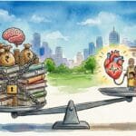 An editorial illustration showing a weighing scale. On the left side, heavy books and money bags locked in chains represent 'Fiscal Debt and Interest Payments'. On the right side, a glowing human heart connected to an Indian family represents 'Public Health'. The scale tips slightly, showing the balance between economic discipline and human welfare.