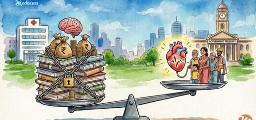 An editorial illustration showing a weighing scale. On the left side, heavy books and money bags locked in chains represent 'Fiscal Debt and Interest Payments'. On the right side, a glowing human heart connected to an Indian family represents 'Public Health'. The scale tips slightly, showing the balance between economic discipline and human welfare.