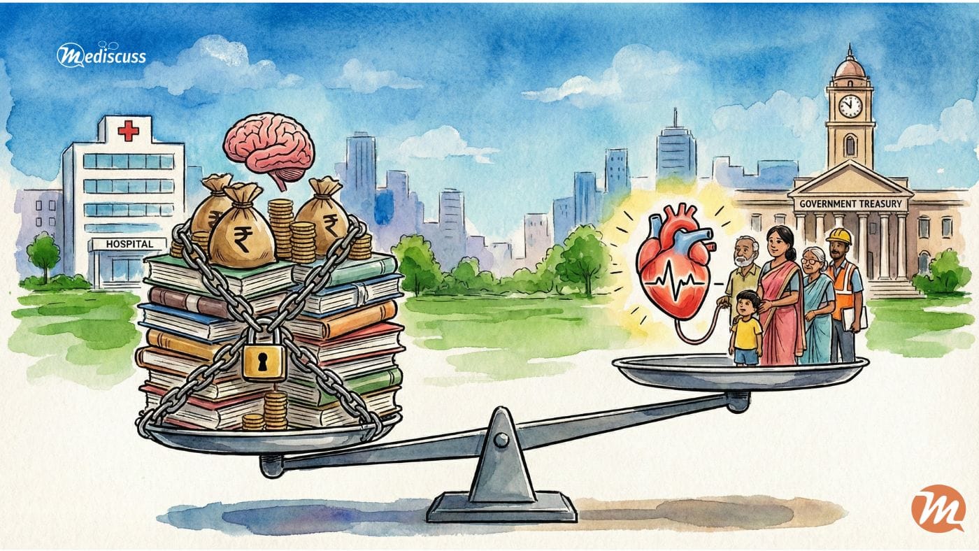 An editorial illustration showing a weighing scale. On the left side, heavy books and money bags locked in chains represent 'Fiscal Debt and Interest Payments'. On the right side, a glowing human heart connected to an Indian family represents 'Public Health'. The scale tips slightly, showing the balance between economic discipline and human welfare.