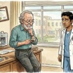 A hand-drawn illustration of a senior Professor of Medicine and a worried medical resident having a serious discussion about AI in a hospital office.