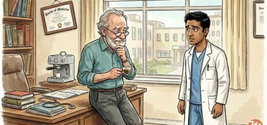 A hand-drawn illustration of a senior Professor of Medicine and a worried medical resident having a serious discussion about AI in a hospital office.