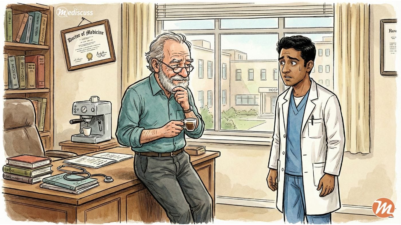 A hand-drawn illustration of a senior Professor of Medicine and a worried medical resident having a serious discussion about AI in a hospital office.