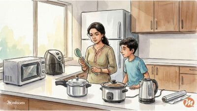 Illustration of an Indian mother and teenage son in a modern kitchen, examining a silicone ladle while surrounded by gadgets like a microwave, air fryer, pressure cooker, and electric kettle.