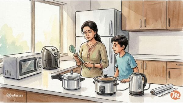 Illustration of an Indian mother and teenage son in a modern kitchen, examining a silicone ladle while surrounded by gadgets like a microwave, air fryer, pressure cooker, and electric kettle.